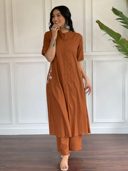Rust Embroidery Cotton Kurta And Palazzo Set For Women