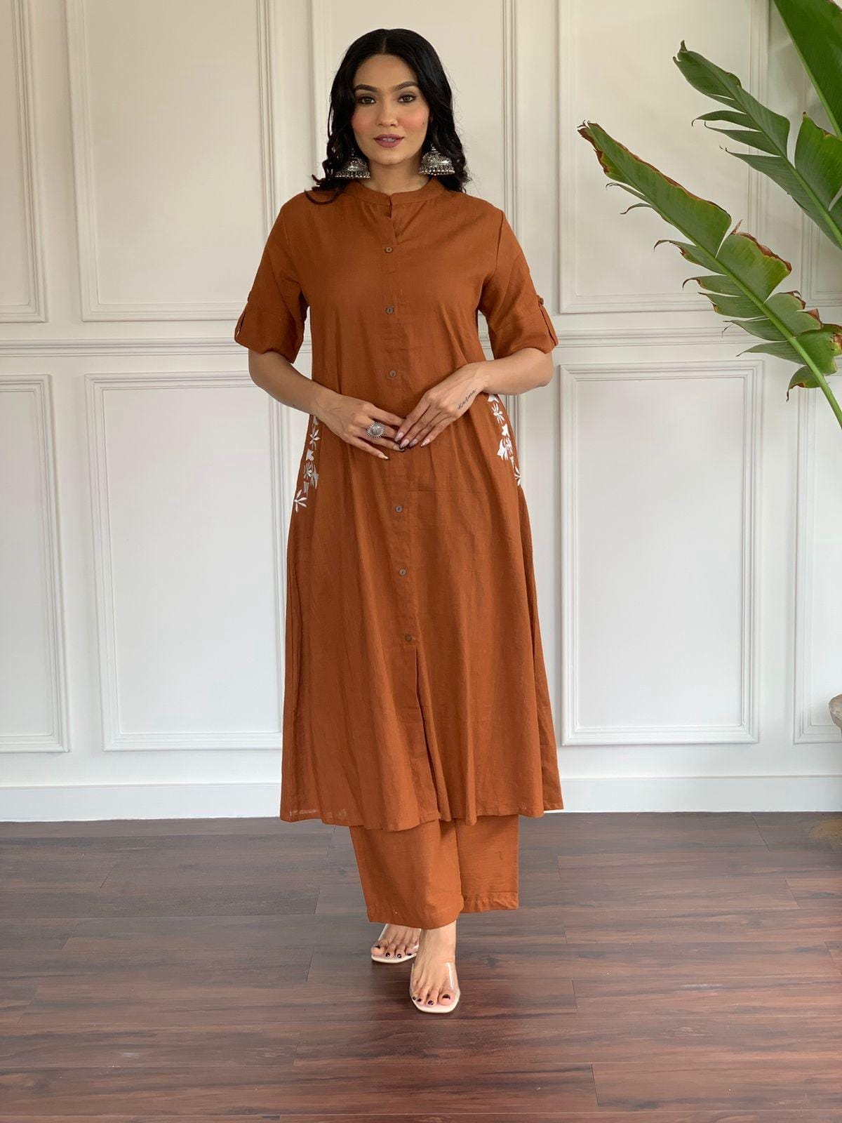 Rust Embroidery Cotton Kurta And Palazzo Set For Women