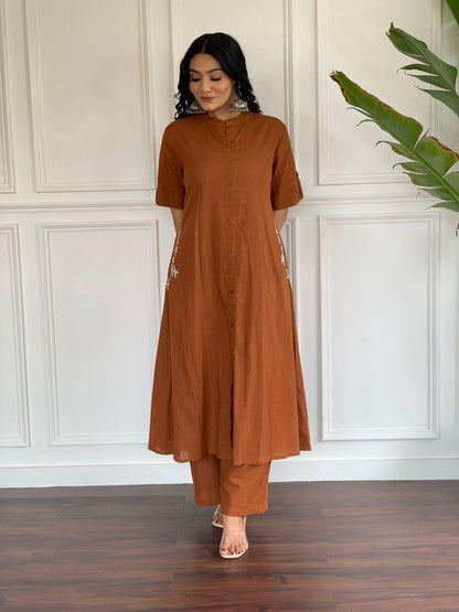 Rust Embroidery Cotton Kurta And Palazzo Set For Women