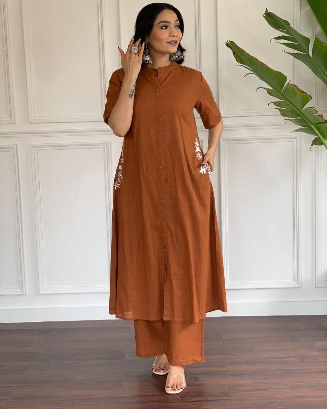 Rust Embroidery Cotton Kurta And Palazzo Set For Women