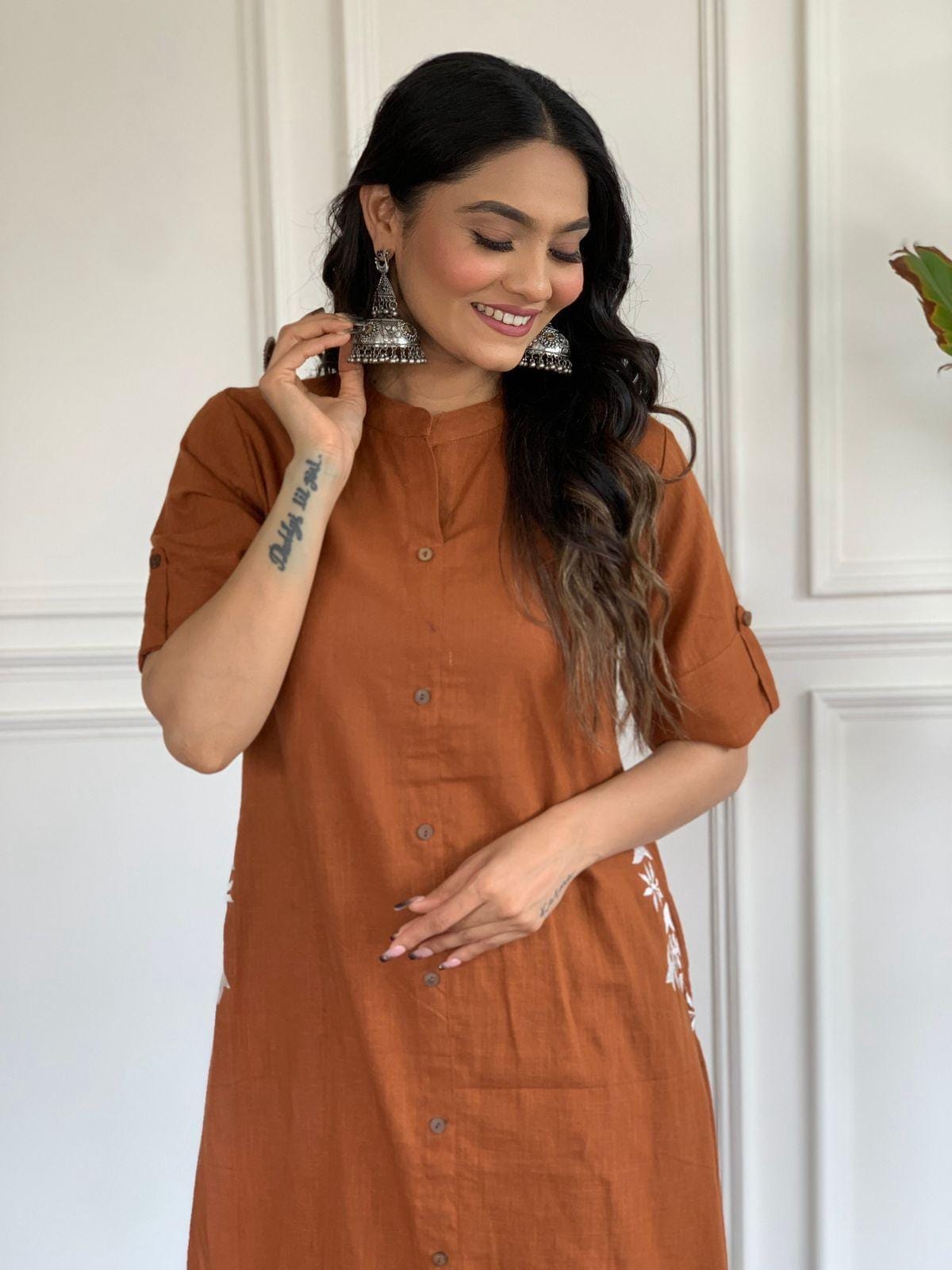 Rust Embroidery Cotton Kurta And Palazzo Set For Women