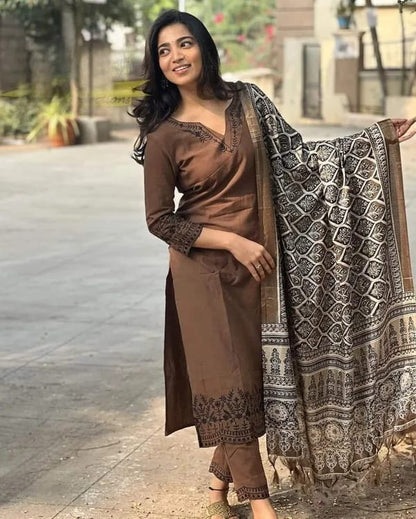Brown Embroidery Cotton Suit Set With Chandery Silk Dupatta For Women