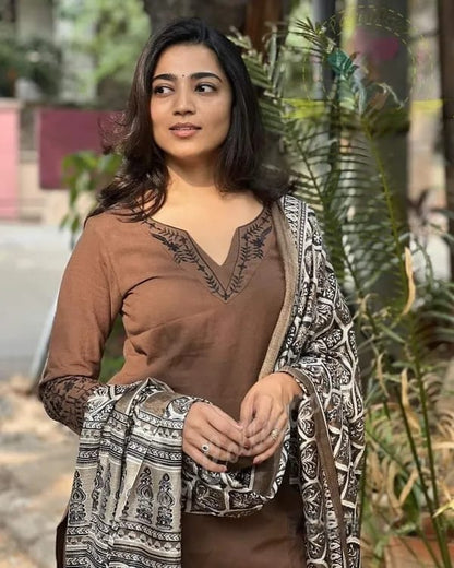 Brown Embroidery Cotton Suit Set With Chandery Silk Dupatta For Women