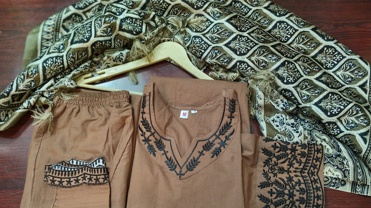 Brown Embroidery Cotton Suit Set With Chandery Silk Dupatta For Women