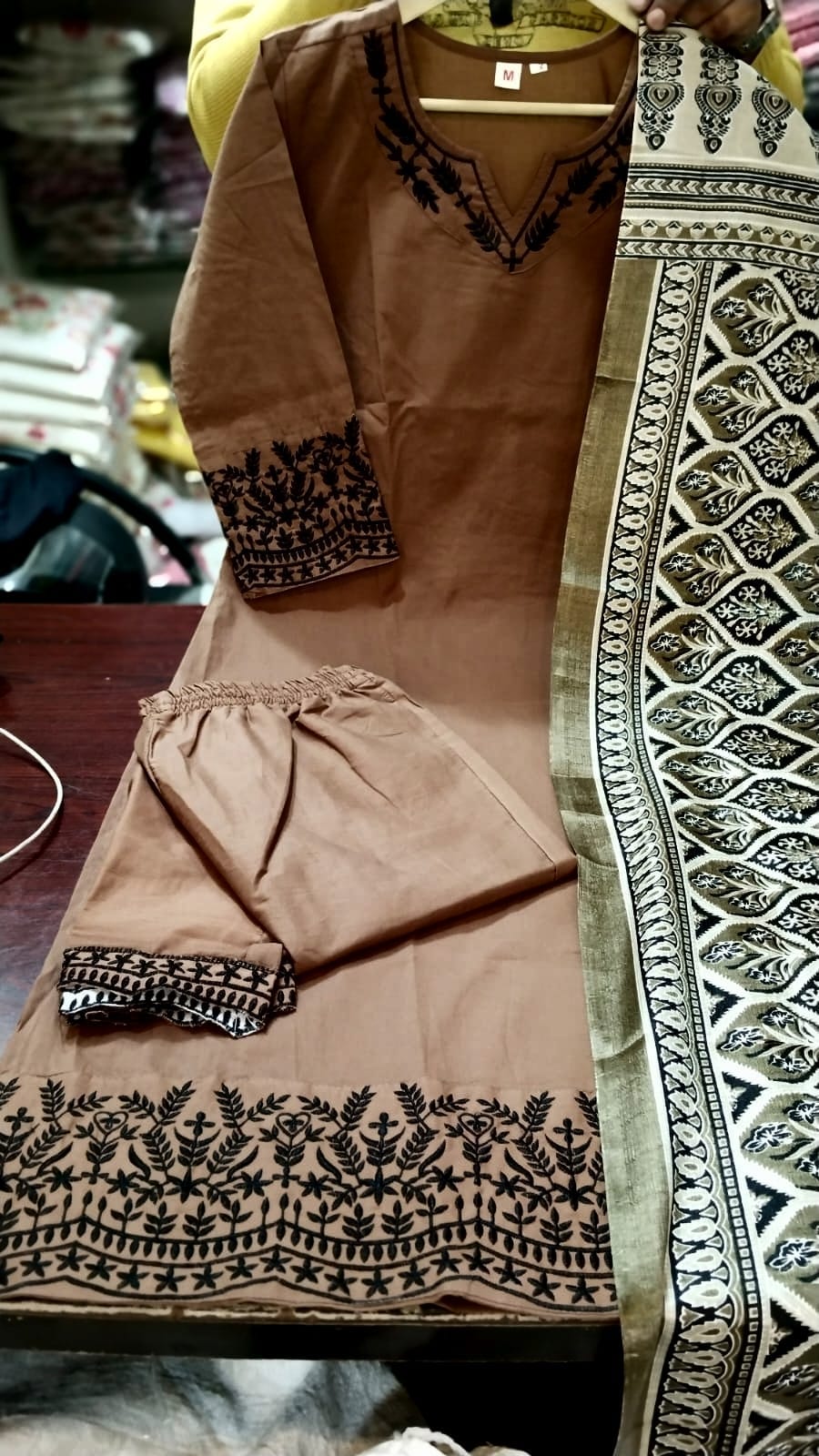 Brown Embroidery Cotton Suit Set With Chandery Silk Dupatta For Women