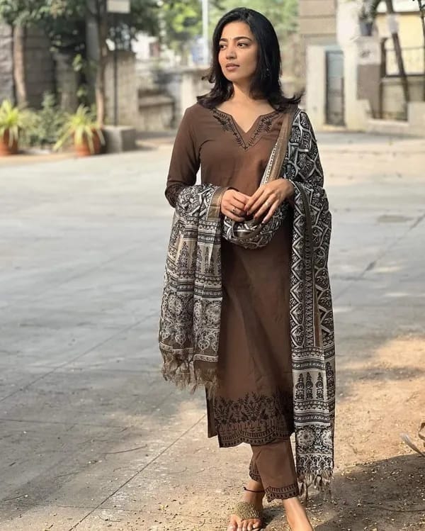 Brown Embroidery Cotton Suit Set With Chandery Silk Dupatta For Women