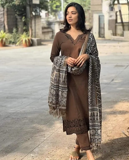 Brown Embroidery Cotton Suit Set With Chandery Silk Dupatta For Women