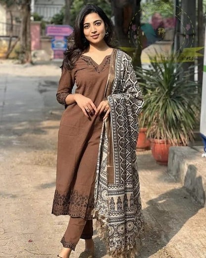 Brown Embroidery Cotton Suit Set With Chandery Silk Dupatta For Women