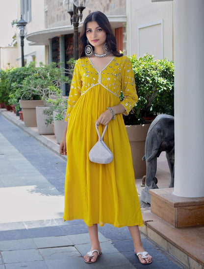 Yellow Rayon Dress With Sequence Embroideryry And Samosa Lace For Women