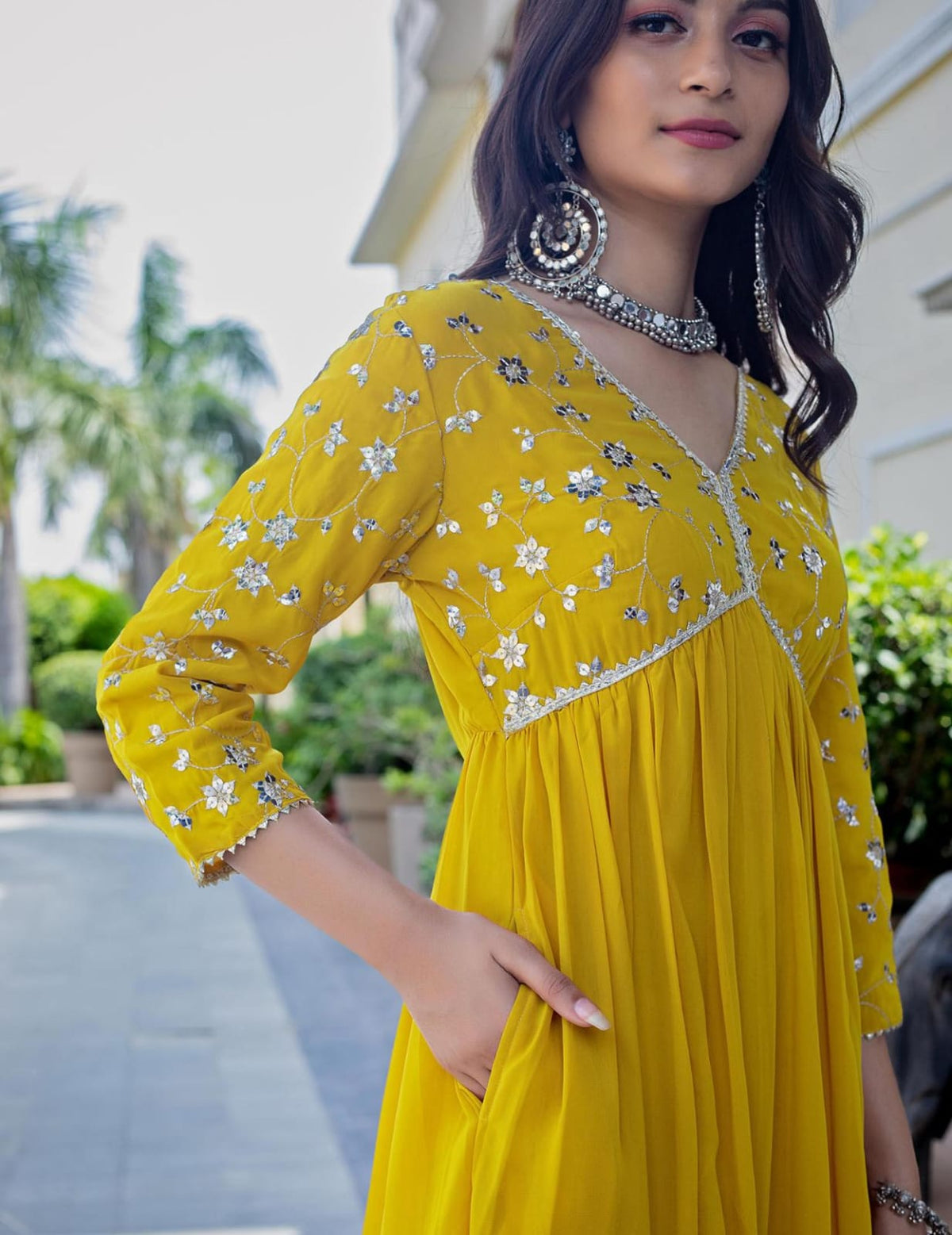 Yellow Rayon Dress With Sequence Embroideryry And Samosa Lace For Women