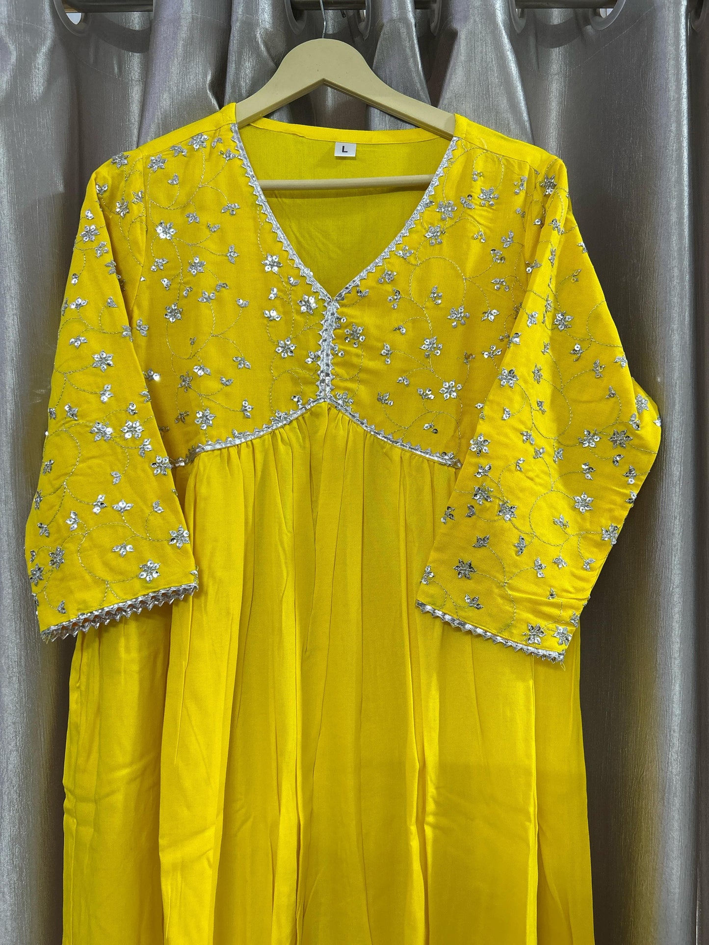 Yellow Rayon Dress With Sequence Embroideryry And Samosa Lace For Women