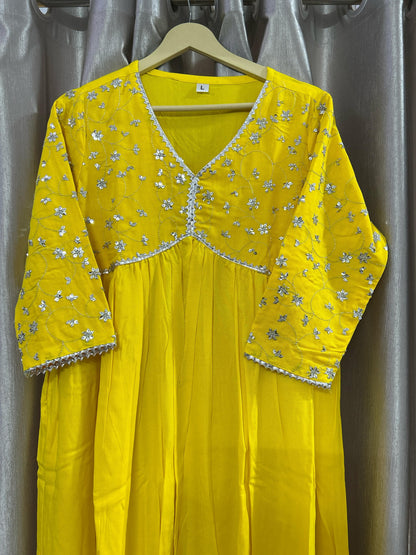 Yellow Rayon Dress With Sequence Embroideryry And Samosa Lace For Women