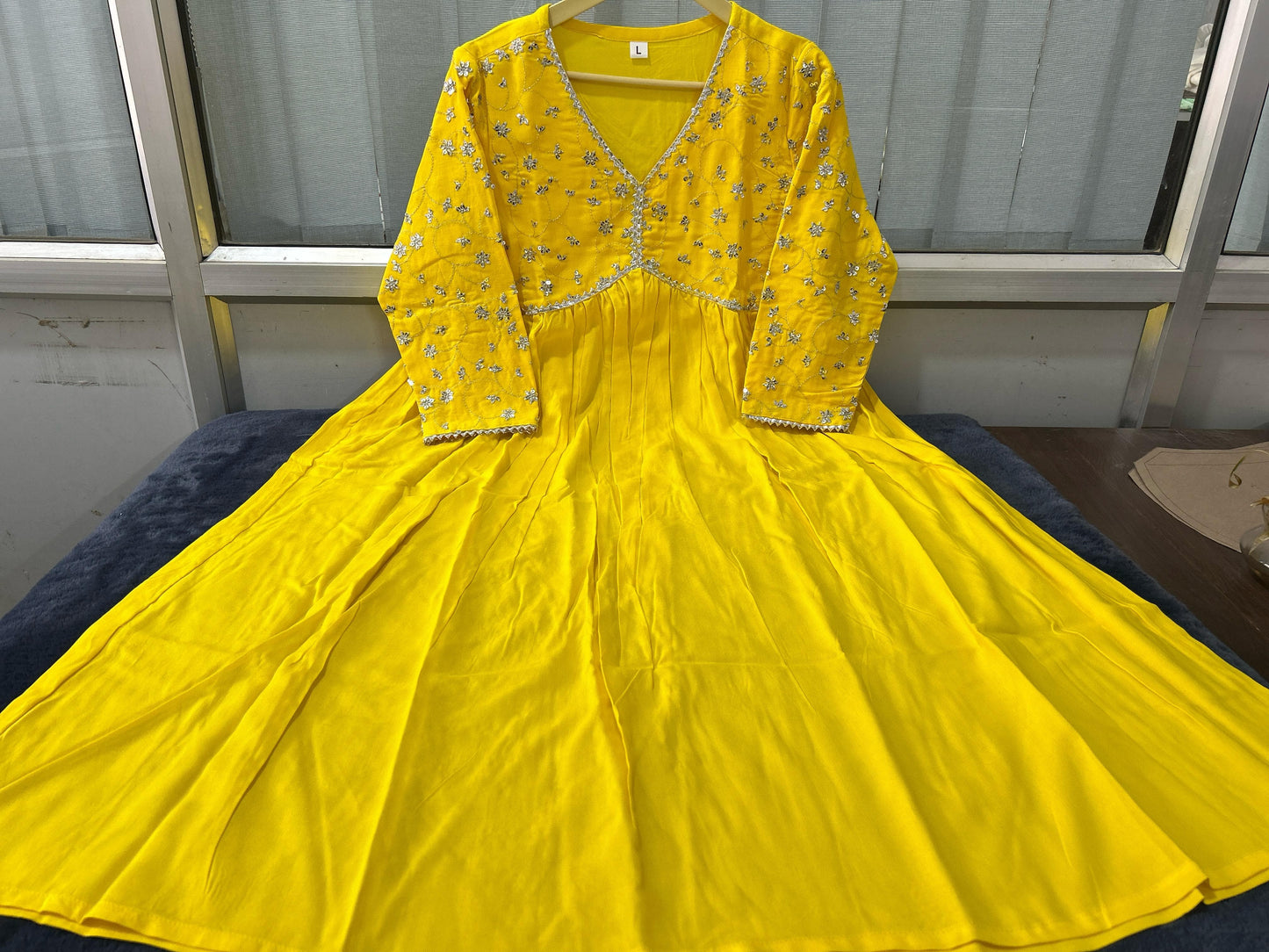 Yellow Rayon Dress With Sequence Embroideryry And Samosa Lace For Women