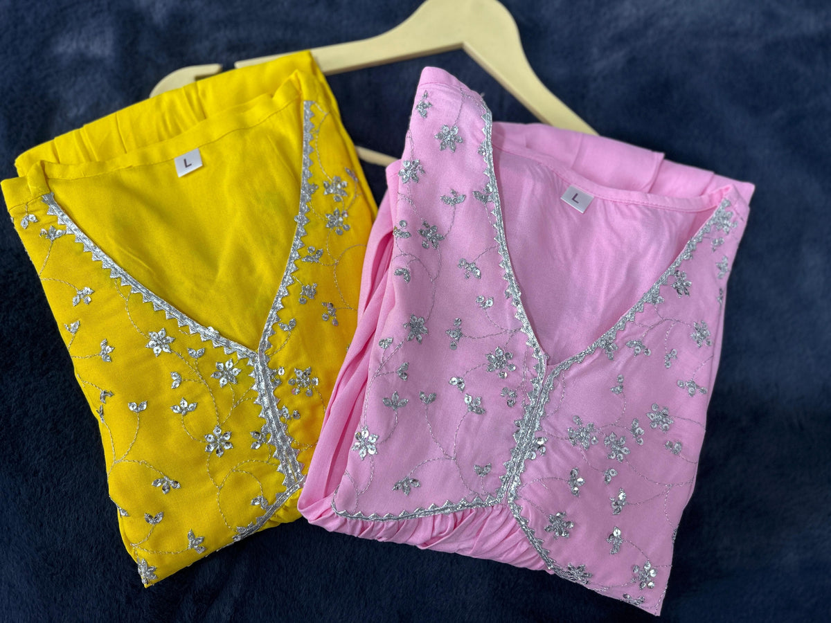Yellow Rayon Dress With Sequence Embroideryry And Samosa Lace For Women