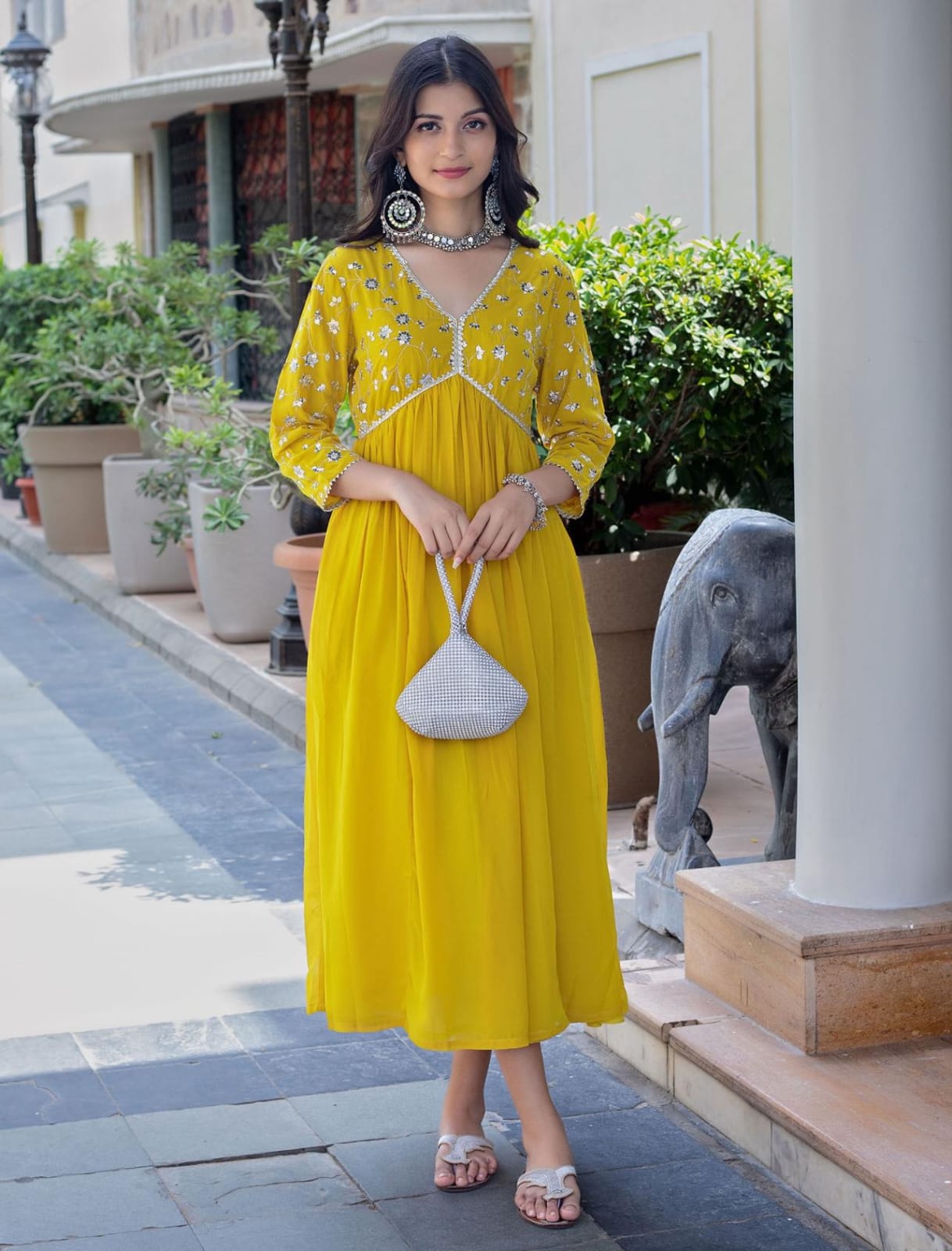 Yellow Rayon Dress With Sequence Embroideryry And Samosa Lace For Women
