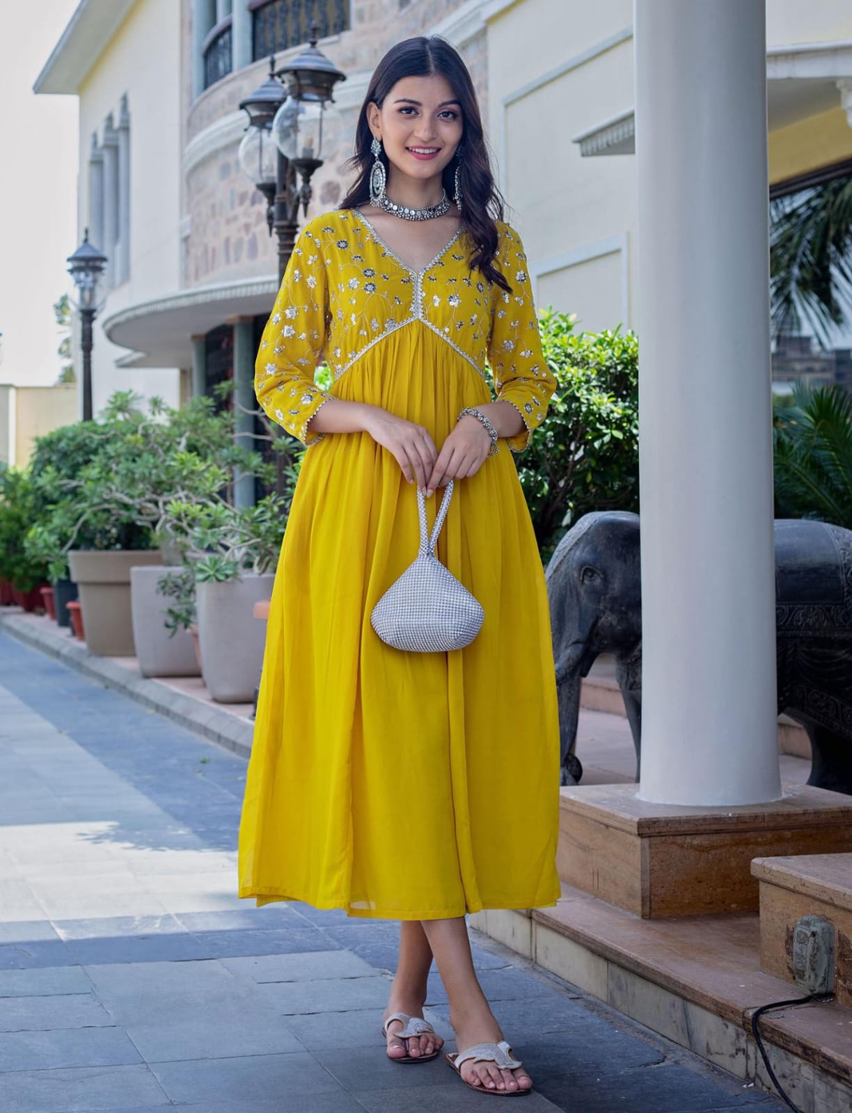 Yellow Rayon Dress With Sequence Embroideryry And Samosa Lace For Women