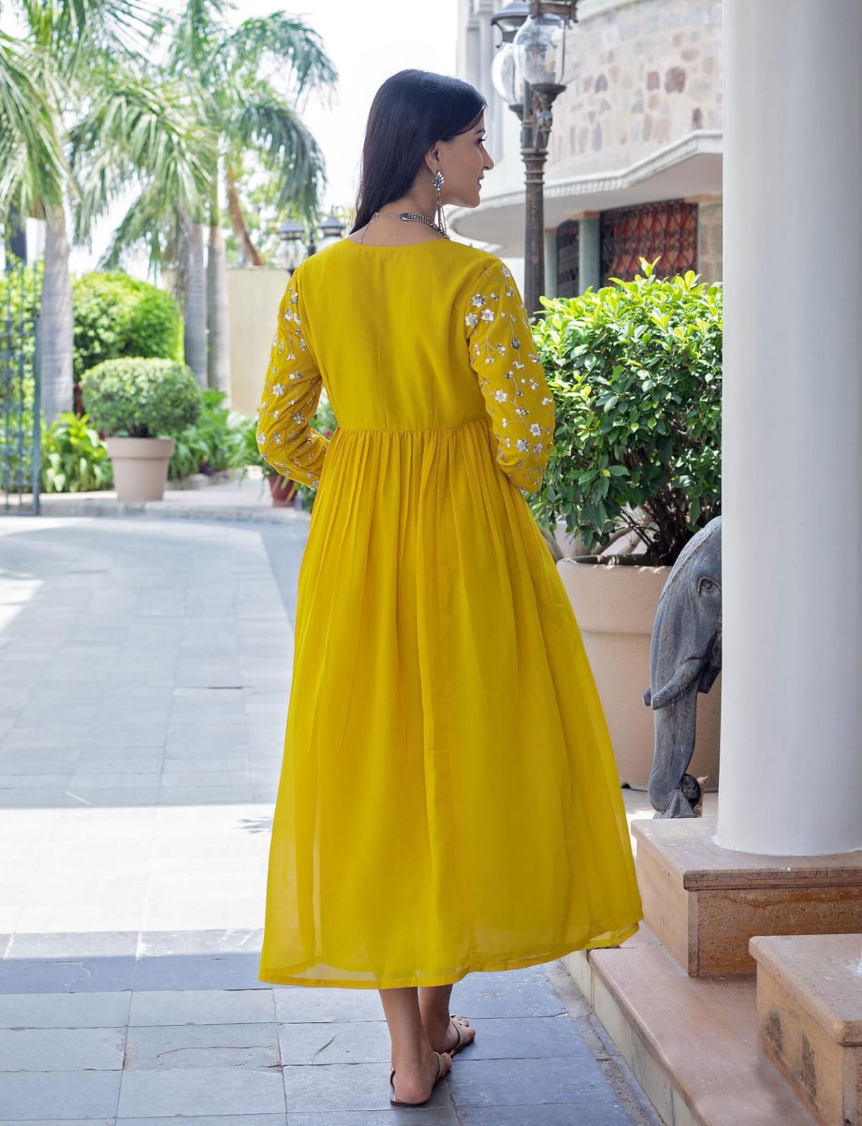 Yellow Rayon Dress With Sequence Embroideryry And Samosa Lace For Women
