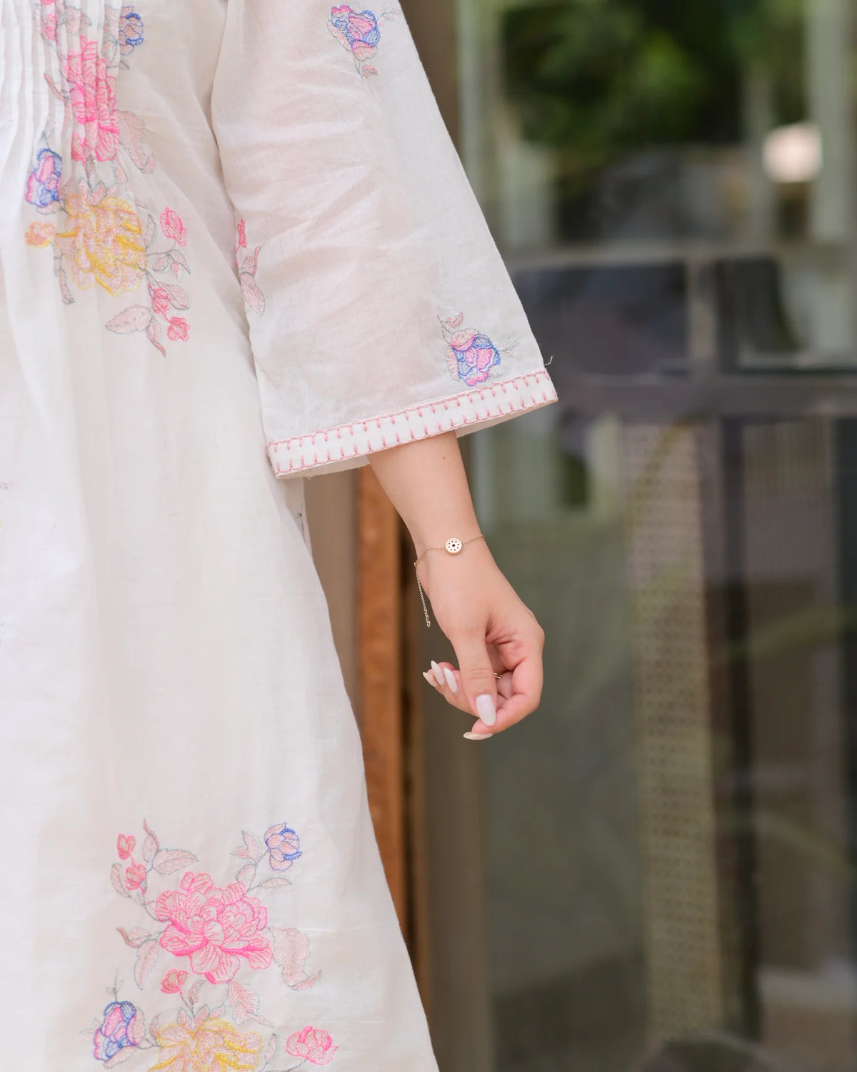 Off White Cotton Threadwork A Line Kurta Set For Women