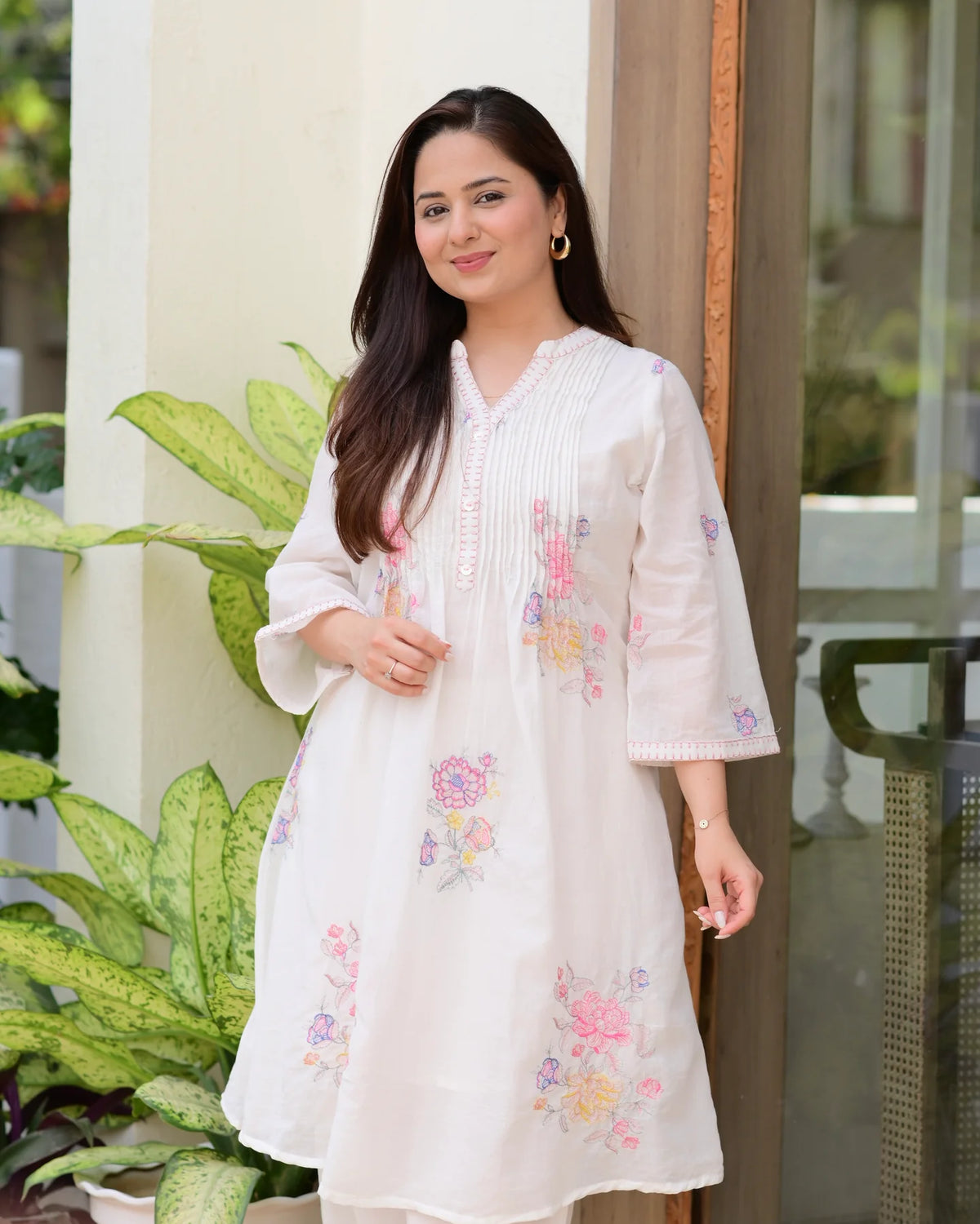 Off White Cotton Threadwork A Line Kurta Set For Women