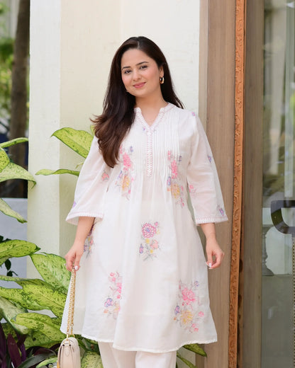 Off White Cotton Threadwork A Line Kurta Set For Women