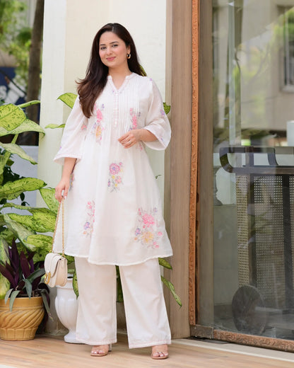 Off White Cotton Threadwork A Line Kurta Set For Women