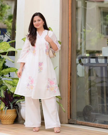 Off White Cotton Threadwork A Line Kurta Set For Women