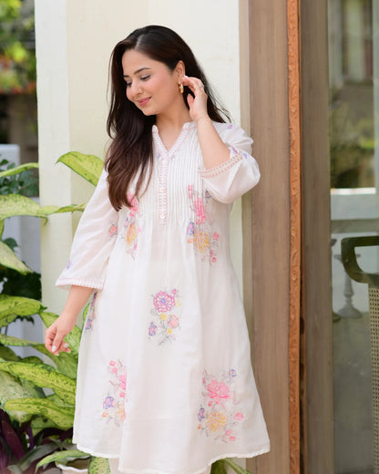 Off White Cotton Threadwork A Line Kurta Set For Women