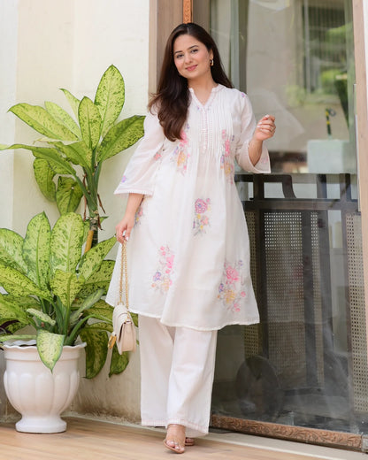 Off White Cotton Threadwork A Line Kurta Set For Women