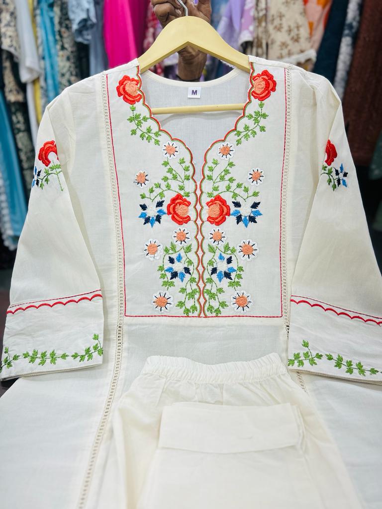White Kalidar Style Kurta With Colourful Threadwork Hand Embroidery For Women