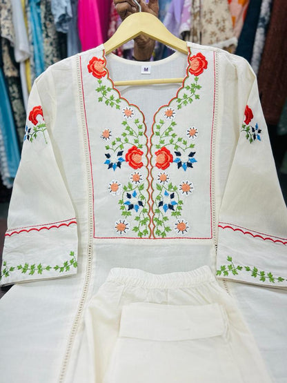 White Kalidar Style Kurta With Colourful Threadwork Hand Embroidery For Women