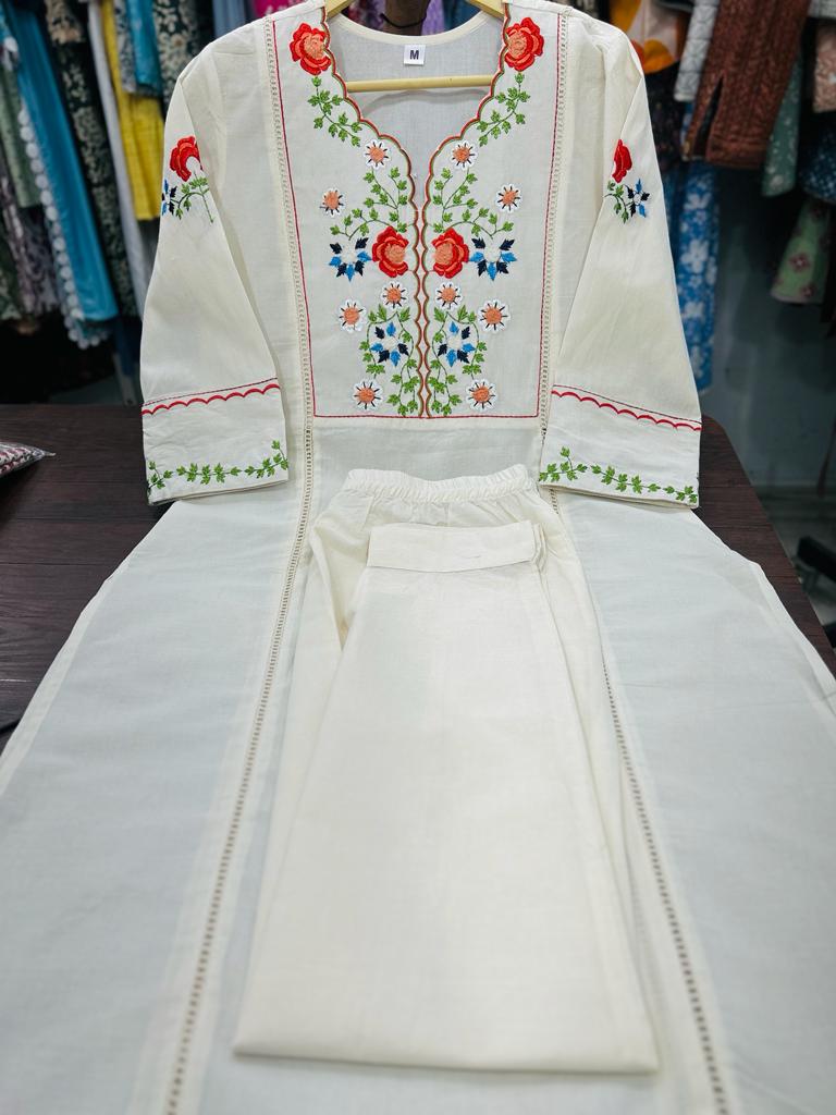 White Kalidar Style Kurta With Colourful Threadwork Hand Embroidery For Women