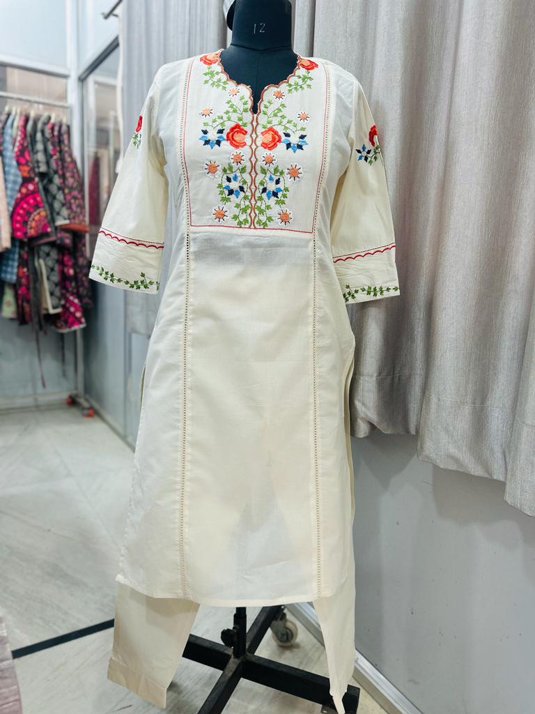 White Kalidar Style Kurta With Colourful Threadwork Hand Embroidery For Women