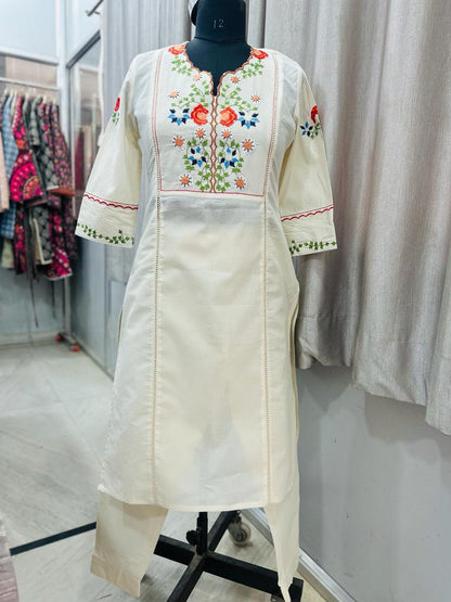 White Kalidar Style Kurta With Colourful Threadwork Hand Embroidery For Women