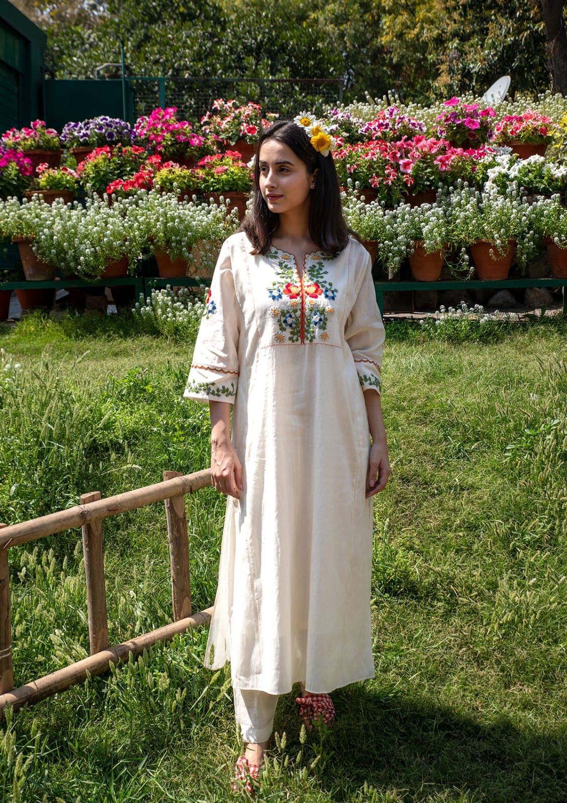 White Kalidar Style Kurta With Colourful Threadwork Hand Embroidery For Women