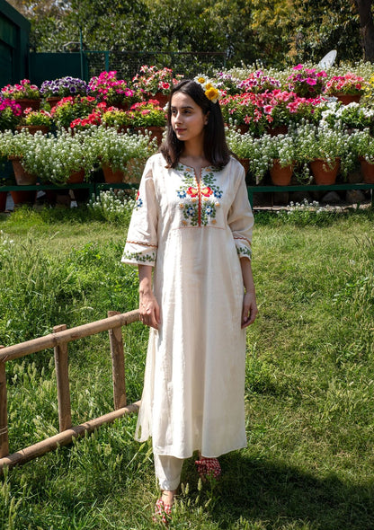 White Kalidar Style Kurta With Colourful Threadwork Hand Embroidery For Women