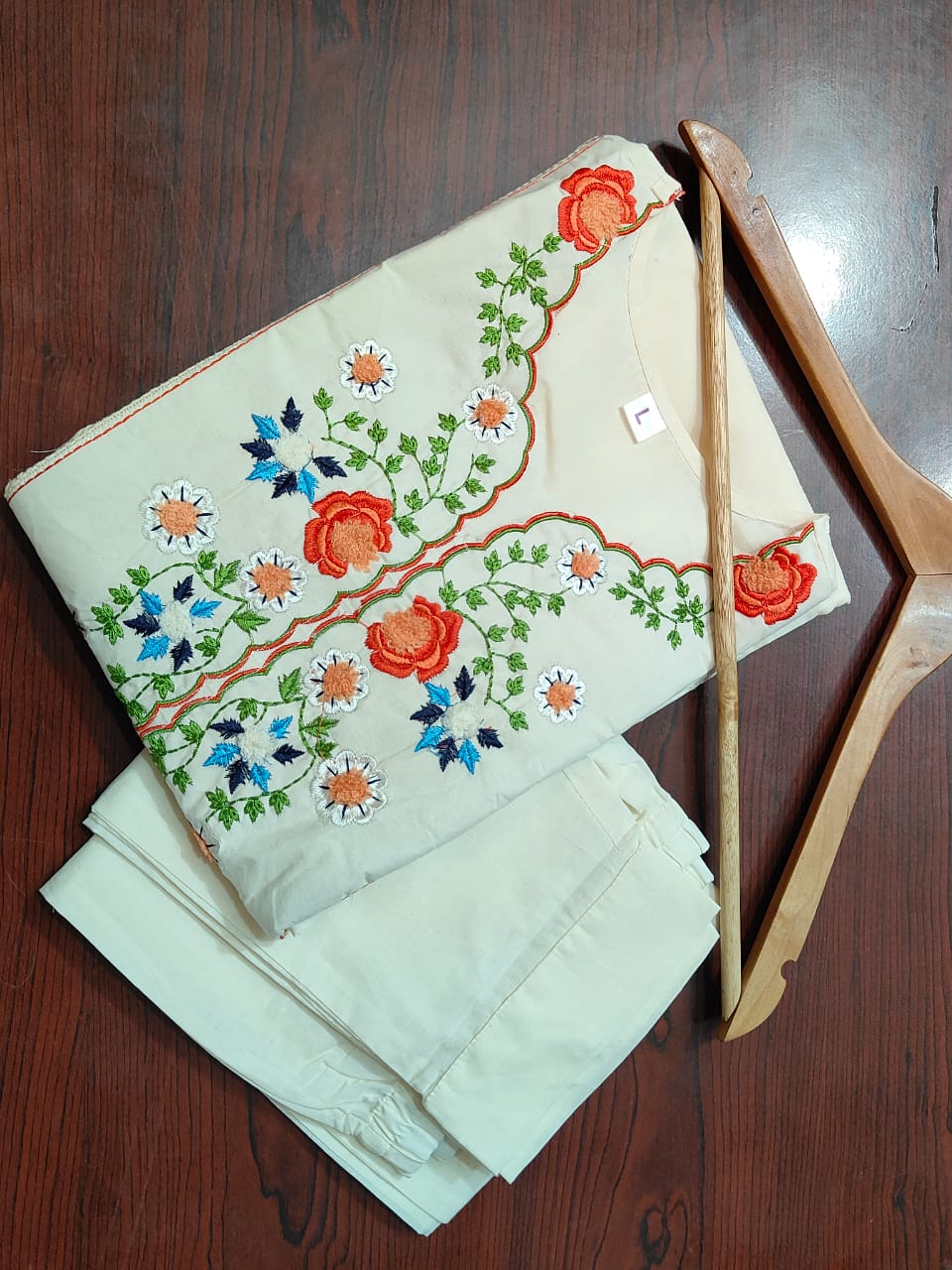 White Kalidar Style Kurta With Colourful Threadwork Hand Embroidery For Women