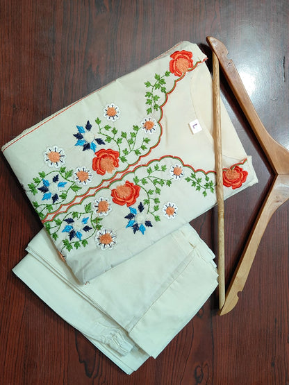 White Kalidar Style Kurta With Colourful Threadwork Hand Embroidery For Women