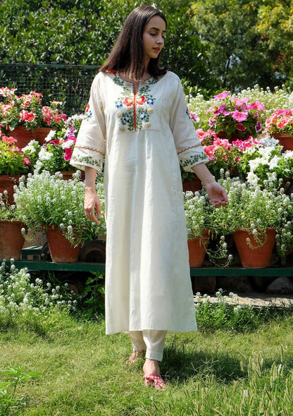 White Kalidar Style Kurta With Colourful Threadwork Hand Embroidery For Women