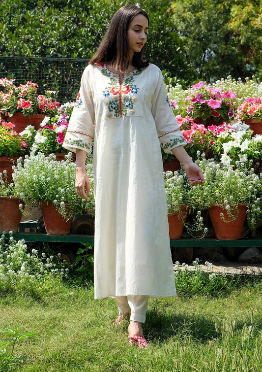 White Kalidar Style Kurta With Colourful Threadwork Hand Embroidery For Women