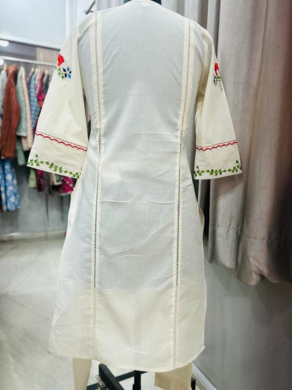 White Kalidar Style Kurta With Colourful Threadwork Hand Embroidery For Women