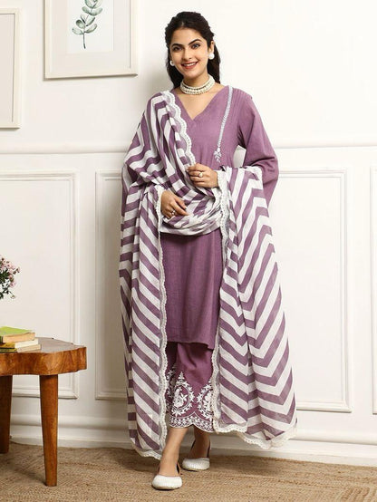 Purple Mauve Embroidery Kurta And Pant Set With Dupatta For Women