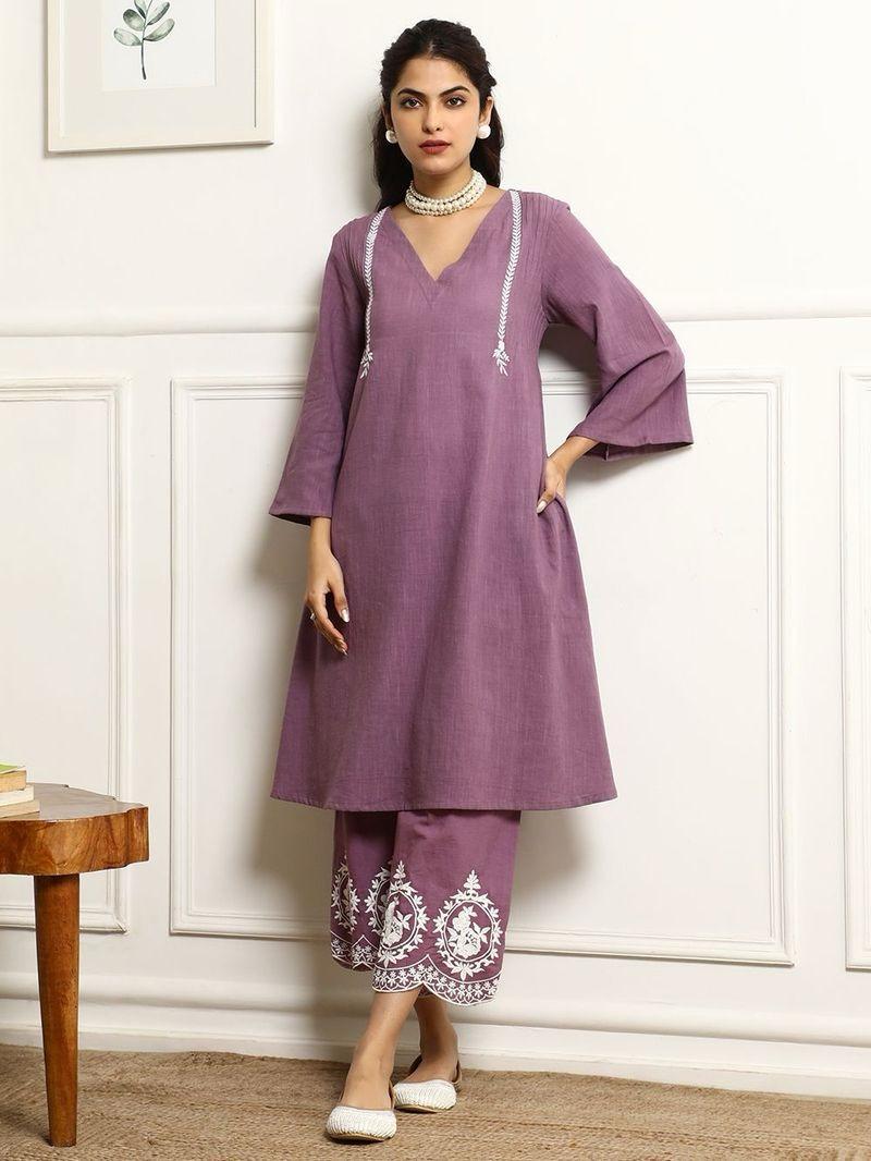 Purple Mauve Embroidery Kurta And Pant Set With Dupatta For Women