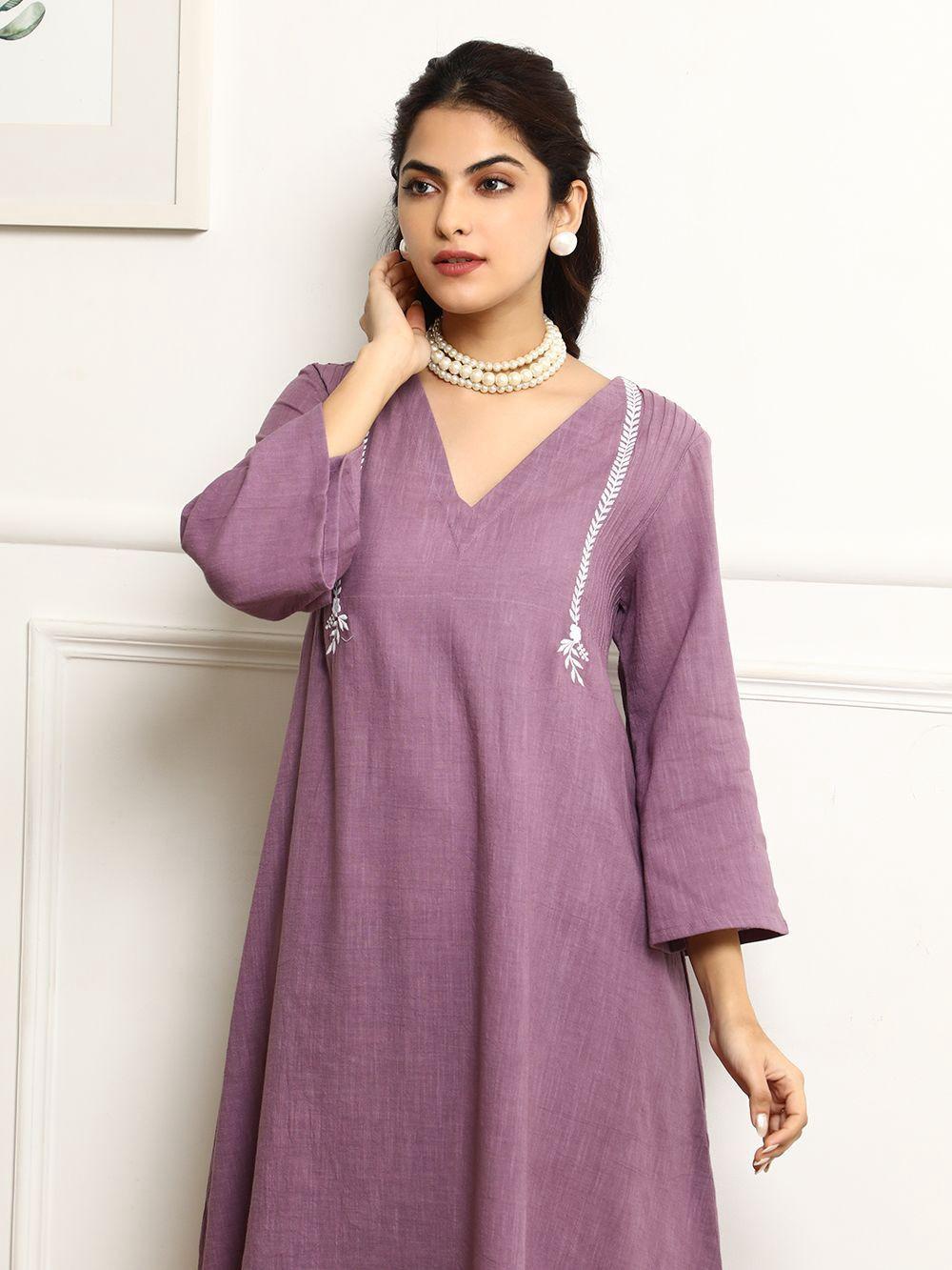 Purple Mauve Embroidery Kurta And Pant Set With Dupatta For Women