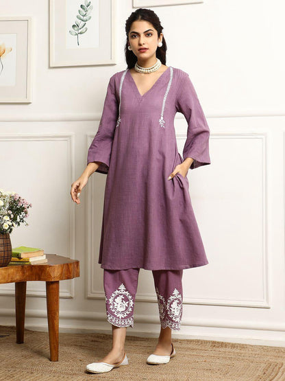 Purple Mauve Embroidery Kurta And Pant Set With Dupatta For Women