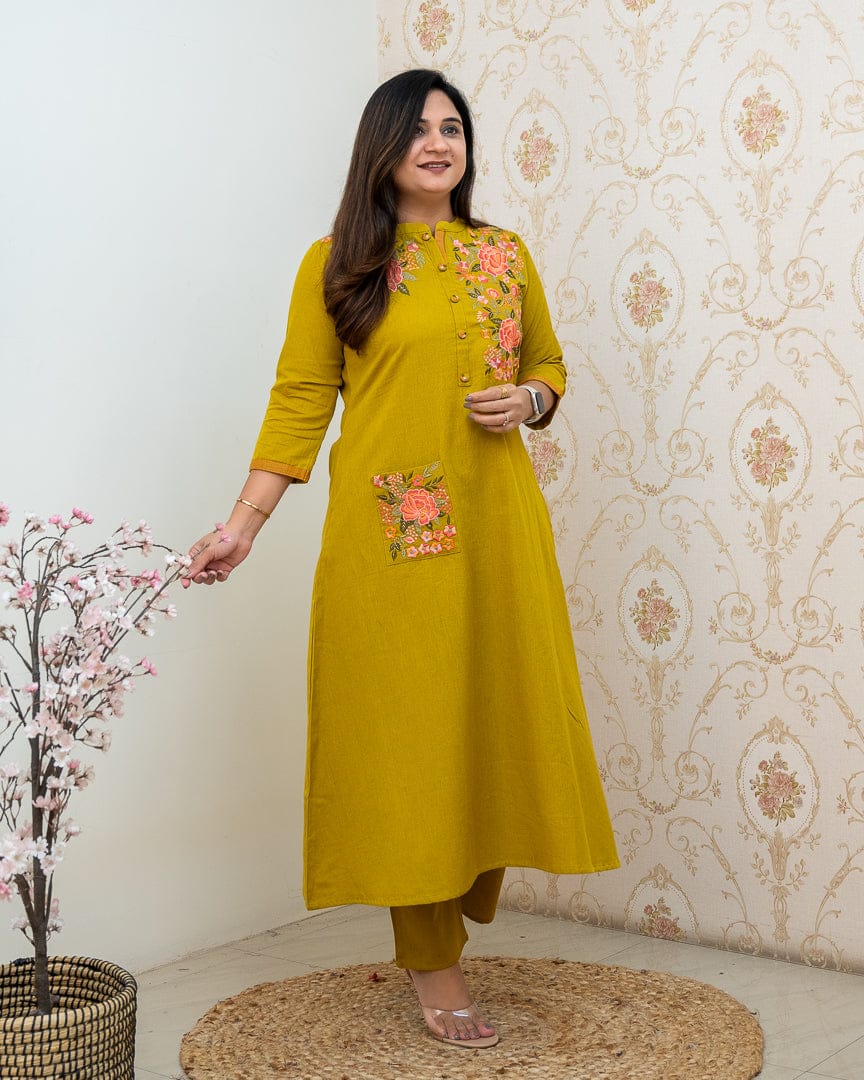 Mustard Yellow Embroidery Cotton Kurta And Pant Set For Women