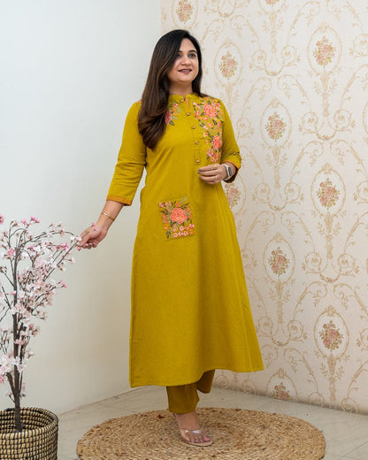Mustard Yellow Embroidery Cotton Kurta And Pant Set For Women