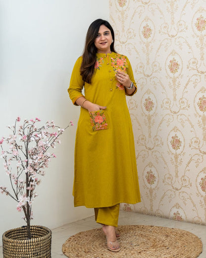 Mustard Yellow Embroidery Cotton Kurta And Pant Set For Women
