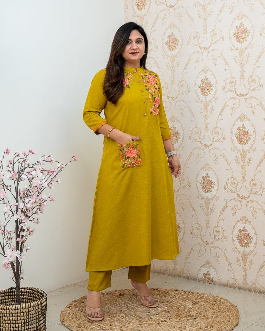 Mustard Yellow Embroidery Cotton Kurta And Pant Set For Women