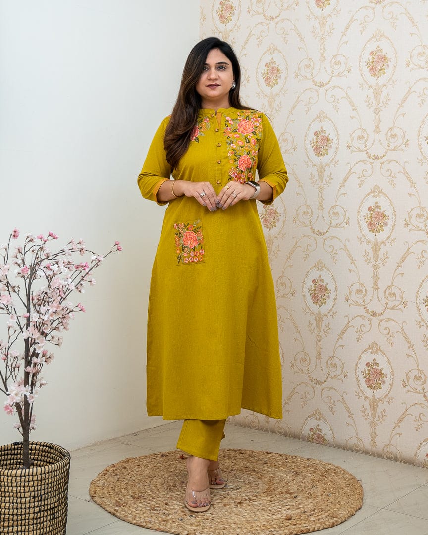 Mustard Yellow Embroidery Cotton Kurta And Pant Set For Women