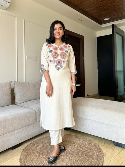 Off White Embroidery Cotton Flex Kurta And Pant Set For Women